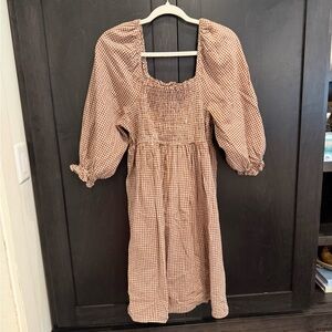 Rylee + Cru Brown Checkered Puff Sleeve Dress